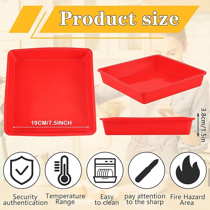 Geetery 7.5 Inch Silicone Square Cake Pan 4 Pack Silicone Brownie Pan Nonstick Baking Mold for Brownie Cake Bread Muffin Rice Crispy Lasagna Pie, Red
