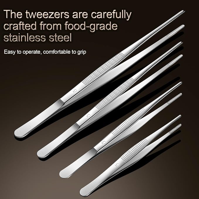 Aniso Long Tweezers, Stainless Steel, 8 inches | Precision Serrated Tip, Cooking Tweezers Tongs， For Barbecue, Hand-Made，Steaks, Bread, Pizza, Salads