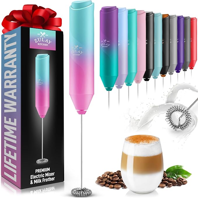 Zulay Kitchen Powerful Milk Frother Wand - Handheld Stainless Steel - Battery Operated Drink Mixer for Coffee, Lattes, Cappuccino, Matcha - Froth Mate Frother Gift - Bright Bubblegum