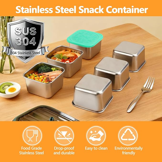 Snack Box Containers - 6 Pack 6oz Reusable Small Snack Containers with Silicone Lids, 304 Stainless Steel Metal Stackable Food Storage Cups, Salad Dressing Dipping Sauce for Travel, Picnic