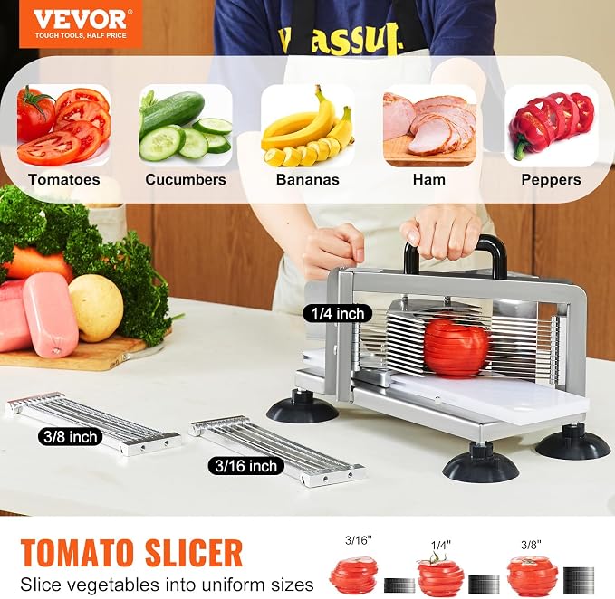 VEVOR Commercial Tomato Slicer, 1/4"+3/8"+3/16" Tomato Cutter Slicer, Stainless Steel Heavy Duty Tomato Slicer Machine, Manual Tomatoes Slicer with Non-slip Feet, Cutting Tomatoes, Cucumbers, Bananas