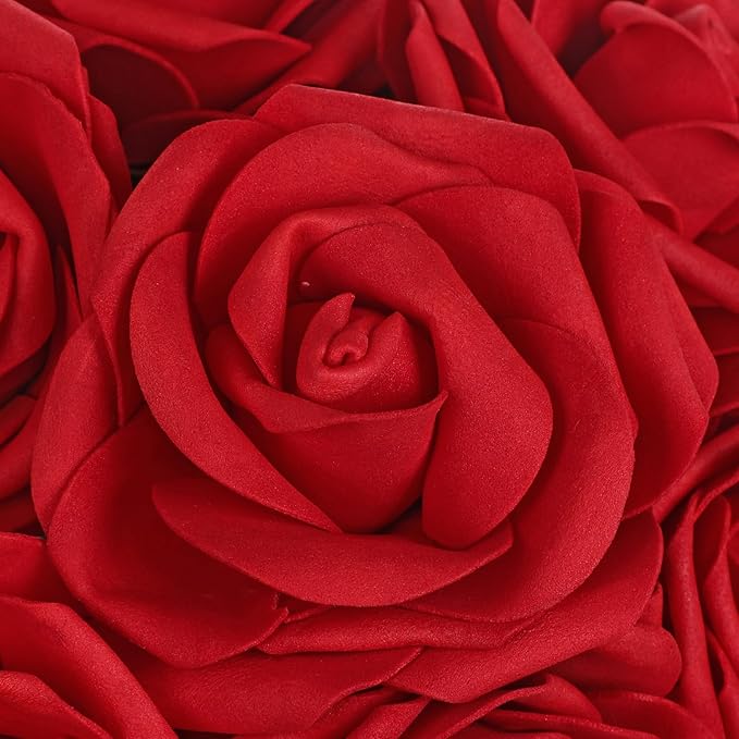 Hollyone Red Roses Artificial Flowers in Vase Silk Fake Rose Bouquet Flowers Floral Arrangements with Glass Vase with Faux Water for Home Bathroom Office Table Centerpiece Shelf Decorations