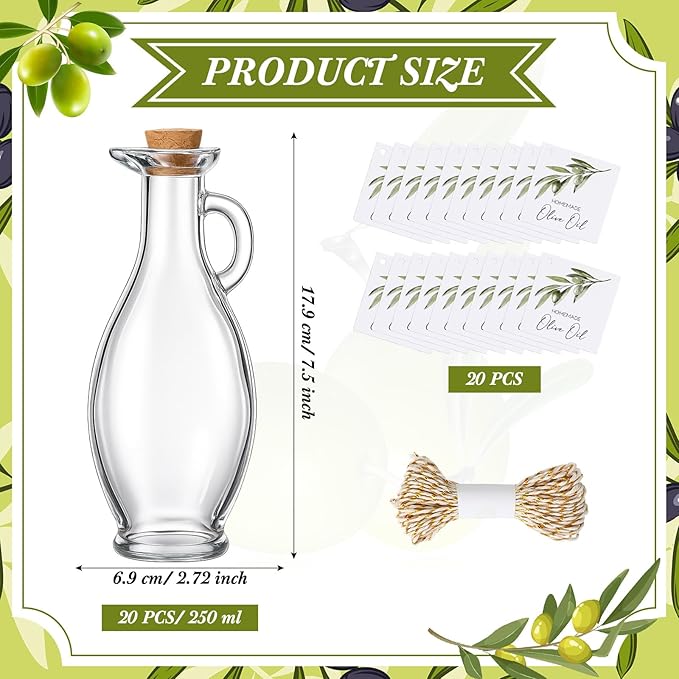 Vesici 20 Set Olive Oil Bottle with Stopper Mini Glass Oil Cruet Dispenser with Label Vinegar Bottle with Spout for Kitchen Salad Dressing Syrup Container for Wedding Baby Shower Favors(8.5 oz 1)