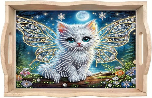 DIY Diamond Serving Tray with Handle Handmade Diamond Art Painting Wooden Rectangular Breakfast Tray for Dinner Plate Coffee Room Living Home Organizer-Cat02