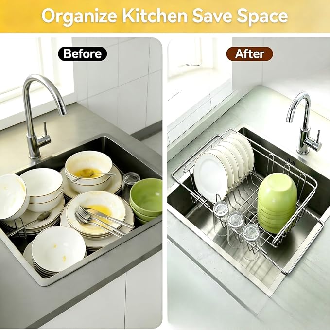 Dish Drying Rack in Sink & Over The Sink, Expandable Stainless Steel Dish Drainers for Kitchen Counter, Inside Sink Dish Dryer Rack, Rust-Resistant, Silver
