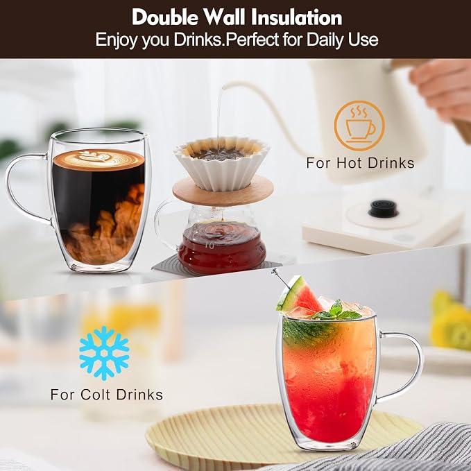 4 Pack 12oz Double Walled Glass Coffee Mugs with Bamboo Lid/Spoon, Clear Coffee Cups and Mugs Set of 4, Cappuccino Latte Glasses Cups, Espresso Mug Cups for Latte, Hot/Cold Drink