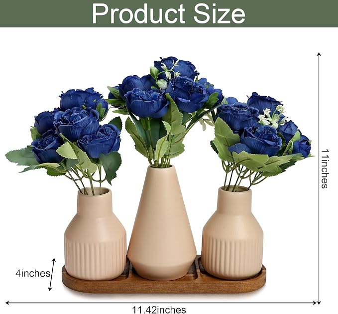 Flower Table Centerpiece - Dining Table Centerpiece Decor Set of 3 Fake Peonies in Ceramic Vases & Wood Tray Modern for Kitchen Island Living Room Coffee Table Home Decor (Royal Blue)