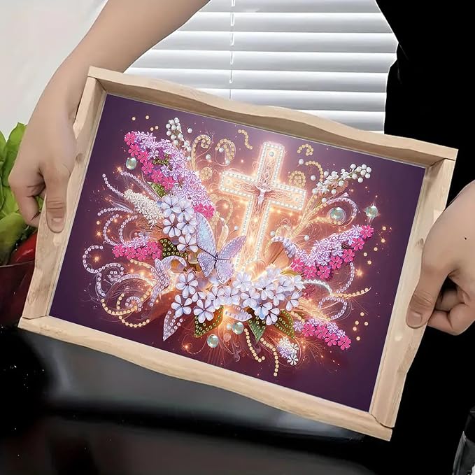 BAYUNOE DIY Diamond Serving Tray Rectangular Breakfast Tray with Handle Handmade Diamond Art Painting Wooden Tray Spring Creative Dinner Plate Coffee Room Living Home Organizer-Glowing Cross