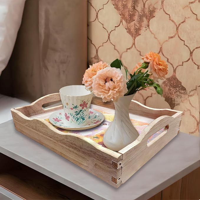 Generic DIY Diamond Serving Tray Rectangular Upgrade Increase Breakfast Tray with Handles Handmade Diamond Art Painting Wooden Tray Dinner Plate for Coffee Living Room Home Organizer-Puppy