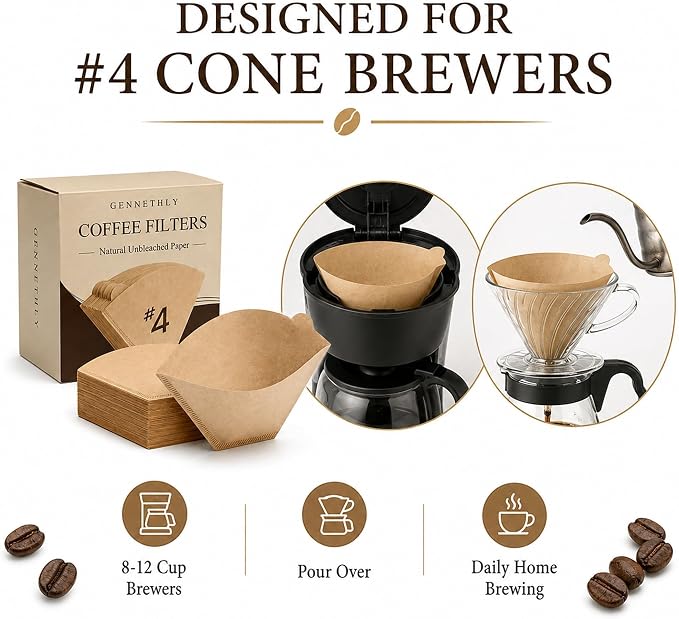 100 Count Coffee Filters #4 Cone Paper Unbleached, Disposable Cone Coffee Filters 8-12 Cup, Number 4 Coffee Paper Filters Fits For Pour Over and Compatible with Drip Coffee Maker