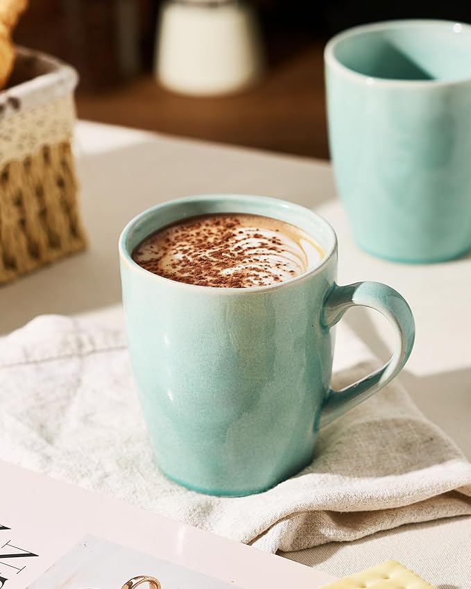 famiware Aurora Coffee Mugs, 14oz Mug Set of 4, Stoneware Mug, Cups for Kitchen, Cappuccino, Latte, Reactive Glaze, Microwave Safe, Scractch-resistant, Mint Green