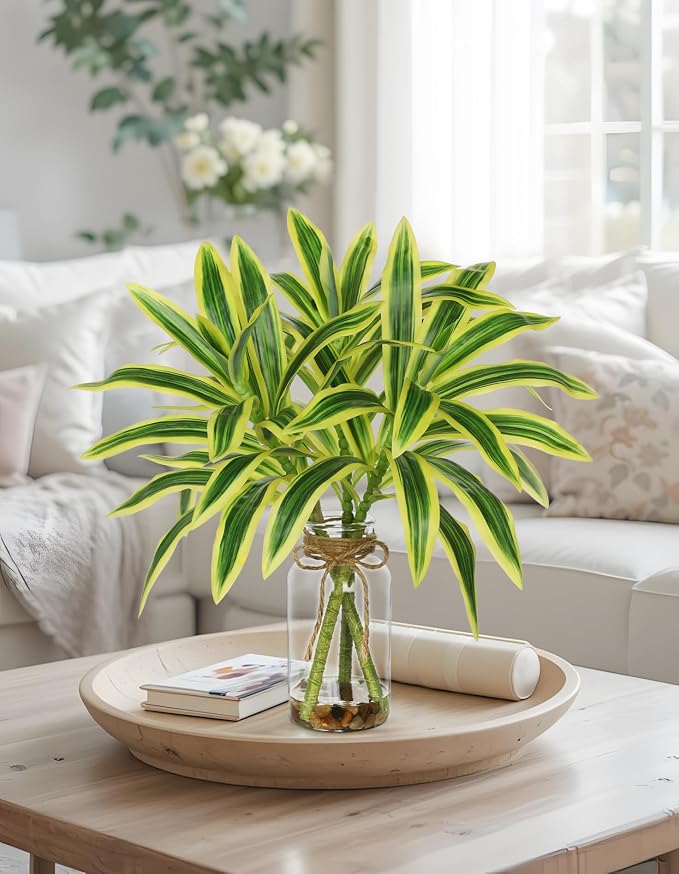 Faux Greenery Stems in Vase Dracaena Aritificial Plant in Glass Vase with Faux Water & Stones 15.7" Small Potted Plants Arrangement Centerpieces for Farmhouse Kitchen Dinner Tables Greenery Decor