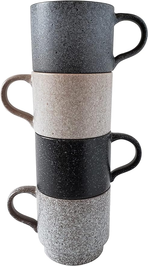 14oz Classic Stackable Ceramic Coffee Mugs, Assorted Colors - Set of 4 Space Saving Durable Stacking Cups with Speckled Finish