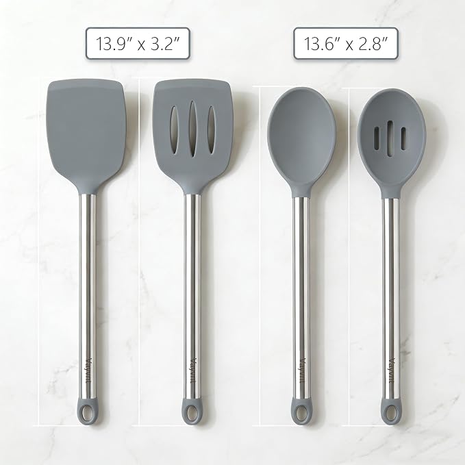 Vayvnt 4PCS Cooking Utensils Set, Food Grade Silicone Kitchen Spatula, Gray | Non Toxic, Up to 480℉ Heat Resistant Silicone, Stainless Steel Handle, Slotted Spoons and Solid Turners, Dishwasher Safe
