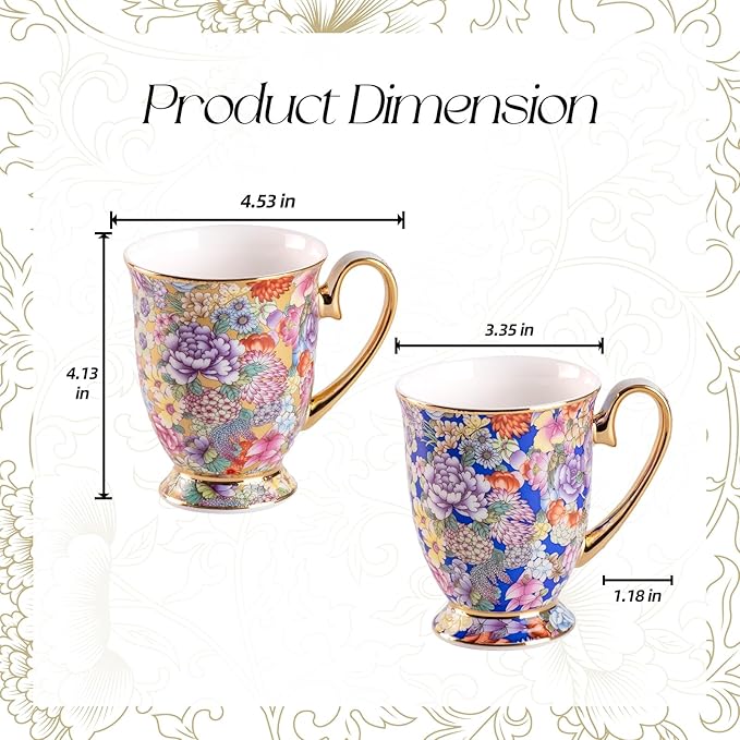 KAMMAK Ceramic Teacups - 350ml/11.8oz Coffee Cup - Set of 2 Hand-Painted Ceramic Cups - Small Vintage Mate Cup - Cute Mugs for Women - Ideal for Birthday, Afternoon Tea & Housewarming Gifts