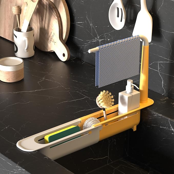 Telescopic Sink Storage Rack with 2 Sponge - Sink Caddy Sponge Holder for kitchen sink (Yellow)