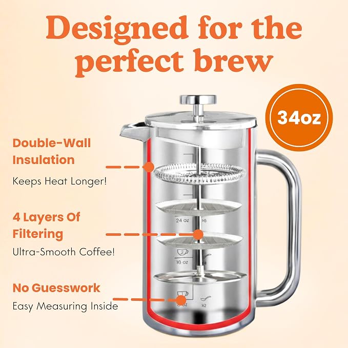 Ziruma Non-Toxic Stainless Steel French Press, No Plastic or Heavy Metals, 34 oz (Pack of 2)