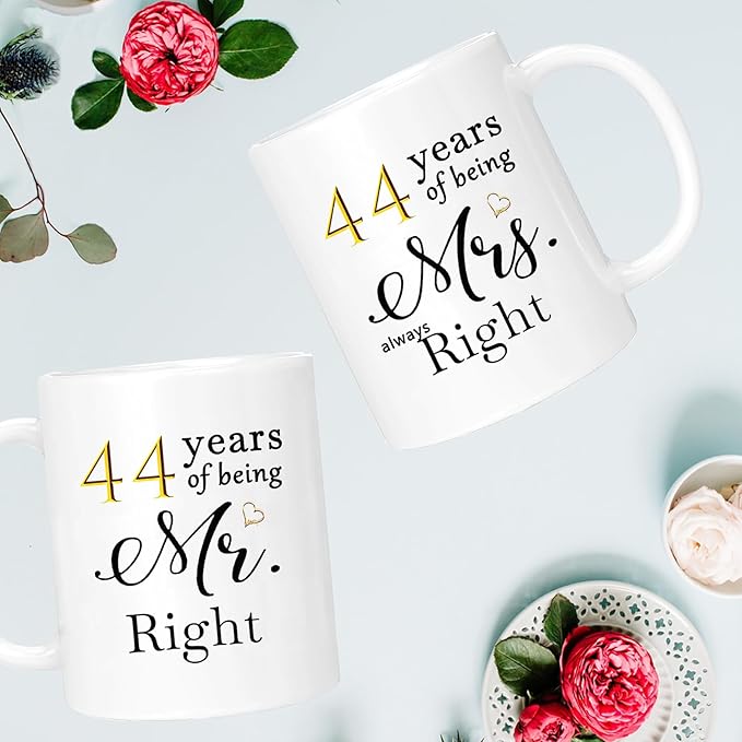 44th Anniversary Coffee Mugs Set of 2, 44 Year Anniversary Wedding Gifts Decorations for Couple Parents Grandparents Men Women Husband Wife Him Her, Gift Box Packaging, 11oz