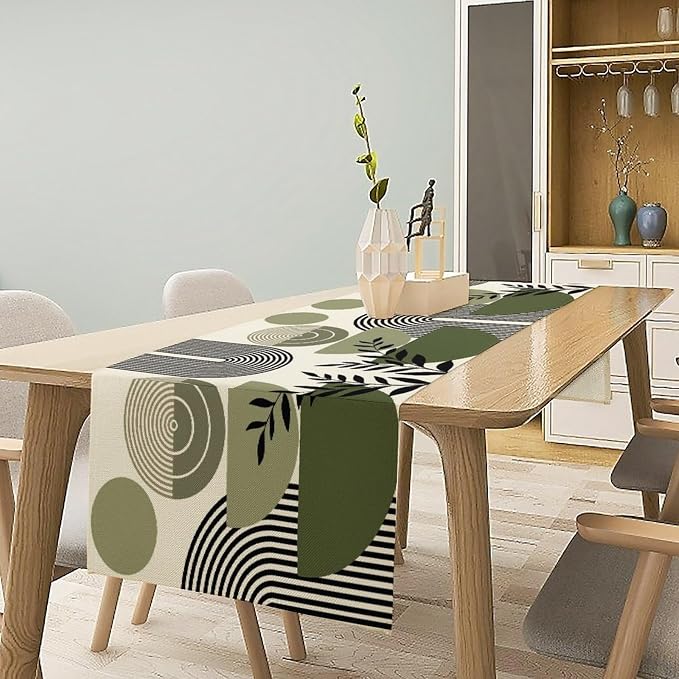Boho Mid Centruy Table Runner Abstract Sage Green Tropical Leaves Sun Modern Geometric Arch Botanical Dinner Runner for Farmhouse Cabin Home Kitchen Dining Holiday Party Decor 13x36in
