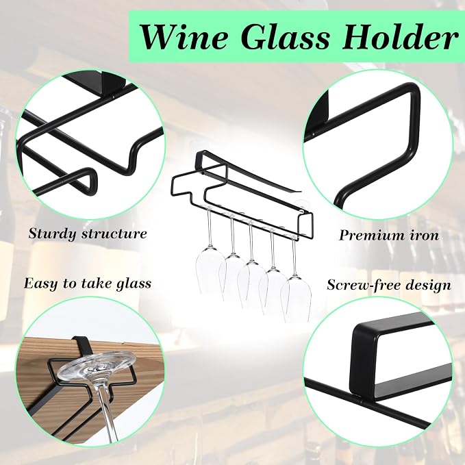 4 Pcs Wine Glass Holder, Stemware Rack Hanger Under Cabinet Wine Glass Rack Kitchen Hanging Glasses Storage Rack Organizer, Black