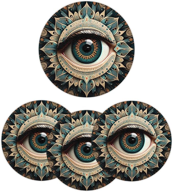 Round Placemats Set of 6, Ethnic Flowers Eye of Evil Woven Placemats Mats Non-Slip Heat Resistant Washable Table Mats Round Braided Place for Farmhouse Kitchen Dining Party Decor 15in