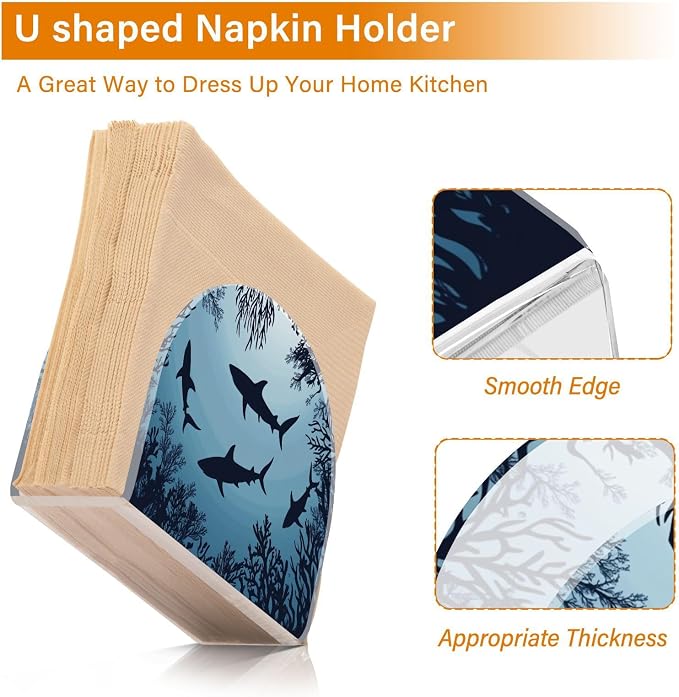Fustylead Swimming Sharks Ocean Animal Napkin Holder for Table Acrylic Vertical Napkin Holders for Paper Napkins Decor Napkin Dispenser for Home Party Dining Cocktail Kitchen Accessories, 2 Pack