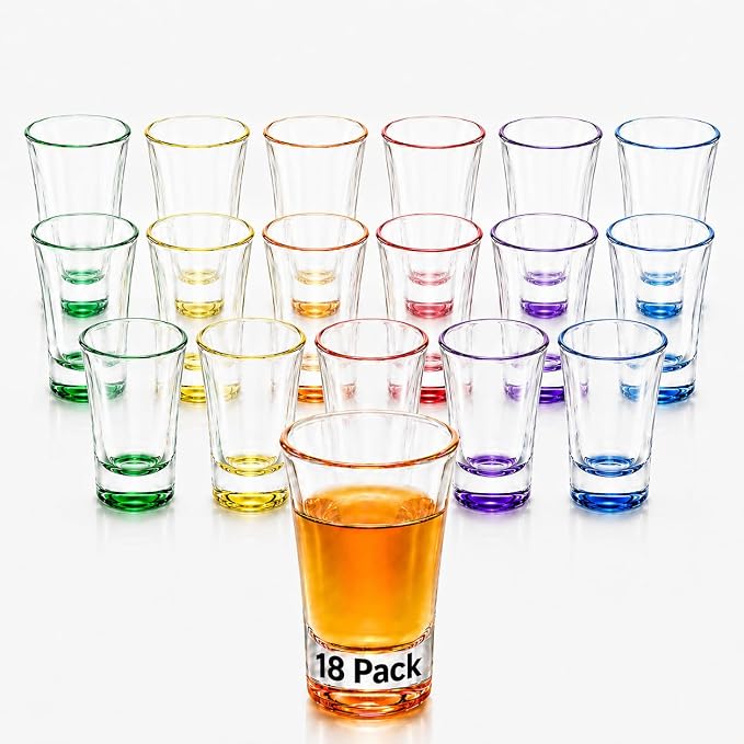 18 Pack Shot Glasses,2 oz Colorful Shot Glass with Heavy Base,Shot Cups for Whiskey,Vodka,Espresso - Durable Tequila Glasses for Home, Bars & Parties