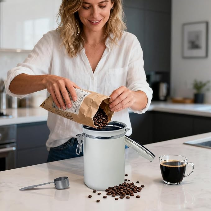 1.8L Airtight Vacuum Coffee Canister, Stainless Steel Storage Container for Coffee Beans and Grounds with Scoop.Suitable for coffee powder, coffee beans, rice, tea leaves, sugar, flour, and grains