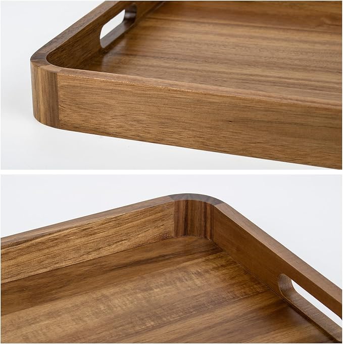 HILLSPRING Acacia Wood Serving Tray with Handles,17 Inch Rectangular Farmhouse Rustic Ottoman & Coffee Table Tray for Living Room, Breakfast in Bed, Charcuterie, Brown