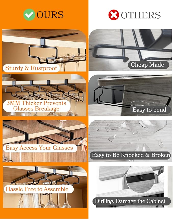 LINFIDITE Wine Glass Holder 2PCS Stemware Rack Hanger Under Cabinet Wine Glass Rack Kitchen Hanging Storage Rack Organizer,Black (For Partition Thickness under 1.18")