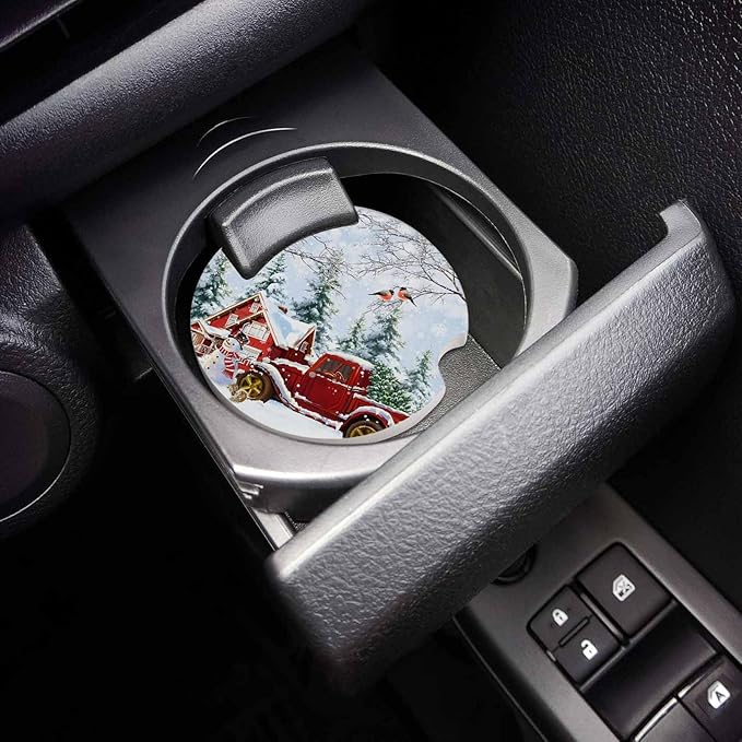 Car Coasters for Cup Holders 2.6"Dia Absorbent Coasters Set of 6 Car Interior Accessories for Women Men Ceramic Car Coaster for Drinks with Finger Grooves,Christmas Winter Snowflakes Snowman Truck Red