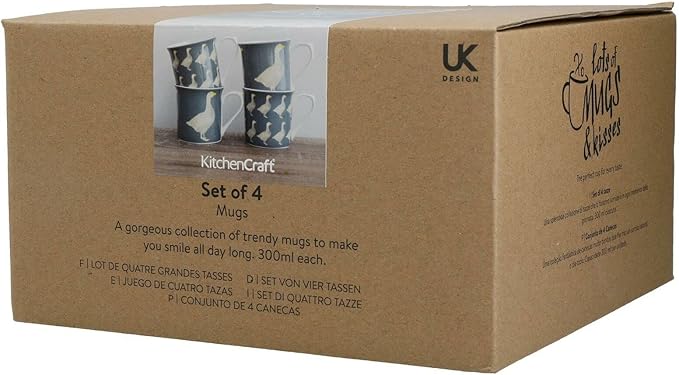KitchenCraft Country Grey Glazed Stoneware Geese Set of 4 Fluted Tea Coffee Mugs 300ml