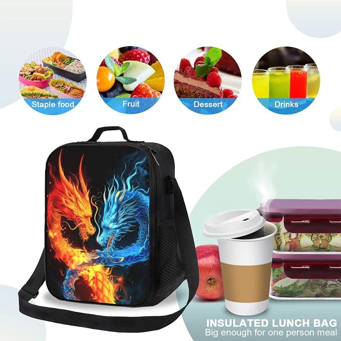 Insulated Lunch Bag, Reusable Portable Lunch Box With Shoulder Strap, Dragon Lunch Bag, Funny Cute Bento Lunchbox Cooler Thermal Meal Tote Kit