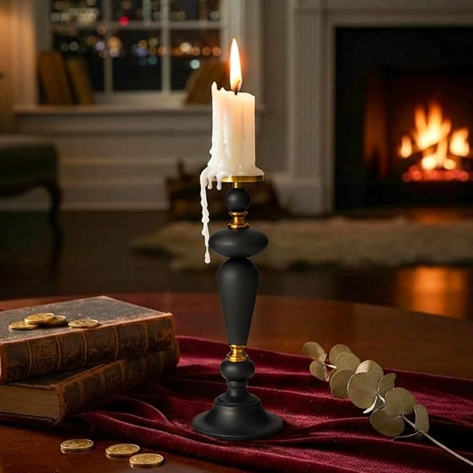 Taper Metal Candle Holder for Modern Vintage Luxury Decor, Matte Black & Antique Brass Iron Pillar Candle Stick Holder for Dining Table, Mantel Decor, Housewarming Gift