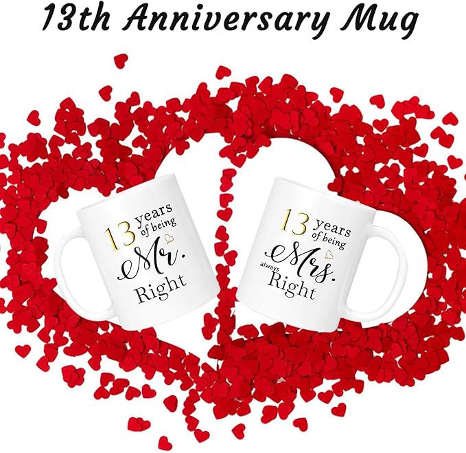13th Anniversary Coffee Mugs Set of 2, 13 Year Anniversary Wedding Gifts Decorations for Couple Parents Men Women Husband Wife Him Her, Gift Box Packaging, 11oz