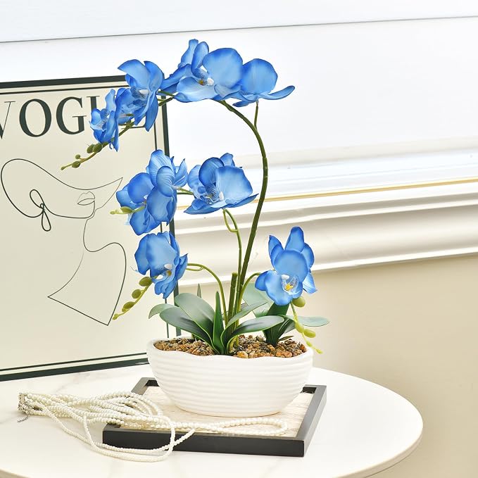 19" H Phalaenopsis Faux Orchid Plant Silk Orchid Centerpiece Artificial Floral Arrangement in Ceramic Pot (Blue)