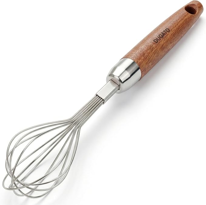 Dugato Mini Egg Whisk, 10 Inch Small Wire Whisk Stainless Steel with Wooden Handle, Narrow Metal Balloon Whisk for 1-Cup Measuring Cups, Kitchen Whisk for Scrambling Eggs and Small Sauces