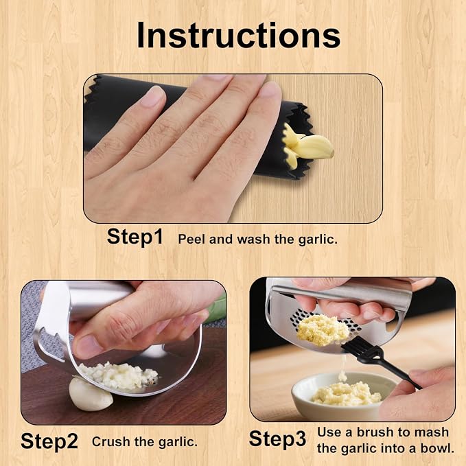 Stainless Steel Garlic Press Set, Includes 2 Stainless Steel Garlic Press Tools 1 Silicone Peeler Tube and 1 Brush Practical Kitchen Gadgets for Easy Smashing