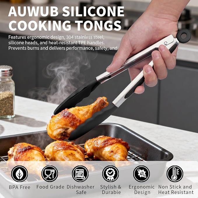 9+12 Inch Black Salad Tongs 2-Piece Set, Silicone with 304 Stainless Steel Core & Non-Slip Grip, Kitchen Utensils for Grilling Salad