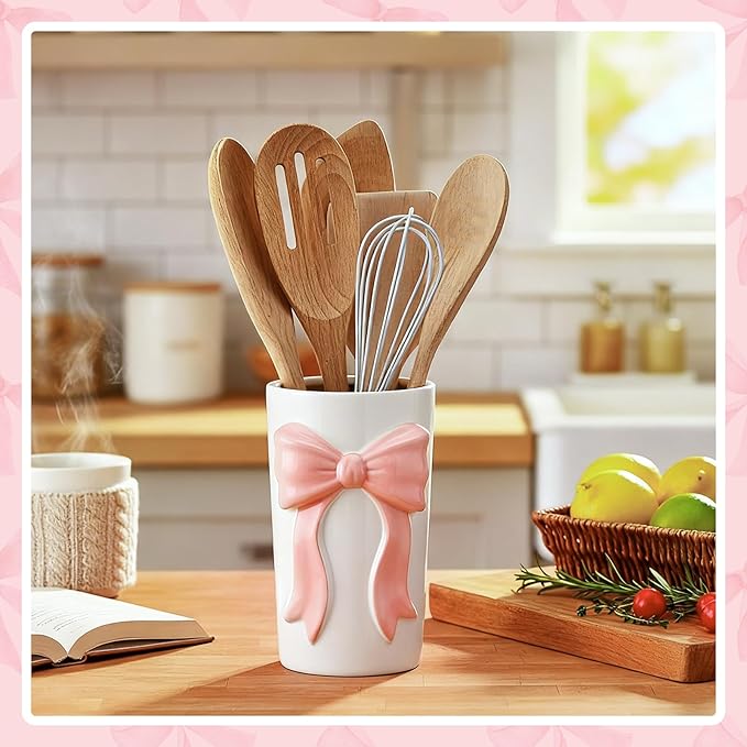 LemonRoad Pink Bow Ceramic Utensil Holder 3D Coquette Handmade Pink Kitchen Decor Gifts Cooking Utensil Crock Preppy Caddy Pen Holder Vase Graduation Gift for College Students
