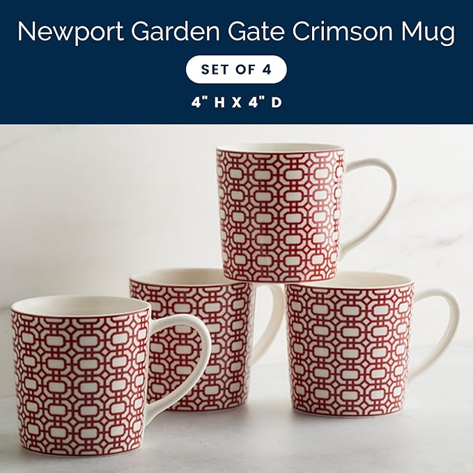Caskata Newport Garden Gate Crimson Oversized Mugs Set of 4 | High-Design Lead-Free Porcelain Mug Set for Entertaining or Everyday | Unique Party Mugs for Wedding or Birthdays | 14 oz