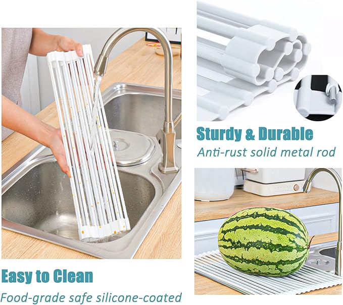 Dish Drainer, White Roll Up Dish Drying Rack, Over Sink Drying Rack with Silicone-Coated, Heat-Resistant Anti-Slip Dry Rack for Dishes Cups Fruits Vegetables - 17" x 13"