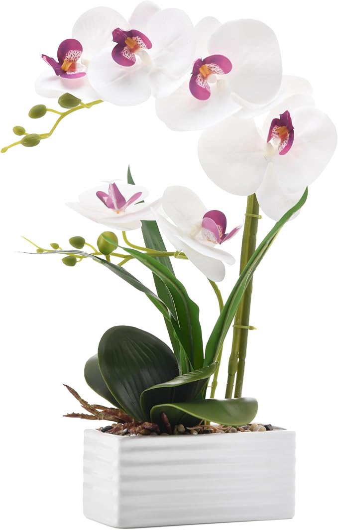 Artificial Real Touch Orchid Flowers in Pot Fake Phalaenopsis Flower with White Ceramic Vase Faux Orchids Arrangement for Home Table Office Wedding Party Decoration (White)