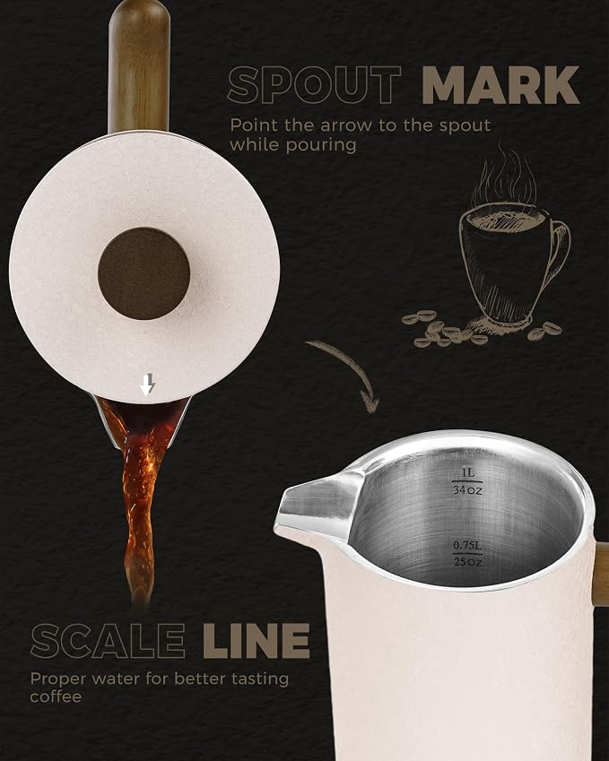 POLIVIAR French Press Coffee Maker, 34 oz | Real Wood Handle Coffee Press, Double Wall Insulation, Dual-Filter Screen, Food Grade Stainless Steel, For Coffee and Tea