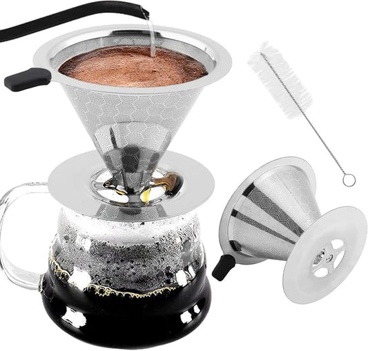 Pour Over Coffee Dripper, Double Mesh Coffee Filte-r Paperless Coffe-e Strainer Reusable Coffe-e Maker Dripper with Stand and Cleaning Brush, 1-2 Cups(COLOR:Silver)