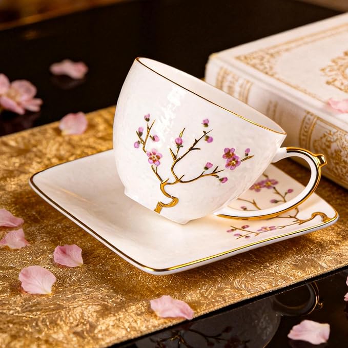 KAMMAK Tea Cups and Saucers Set of 2, Fine Bone China Coffee Cups, Stackable Espresso Mugs, Ceramic Demitasse for Coffee, Cappuccino, Latte, Americano, Tea, Golden Plum (White + Blue)