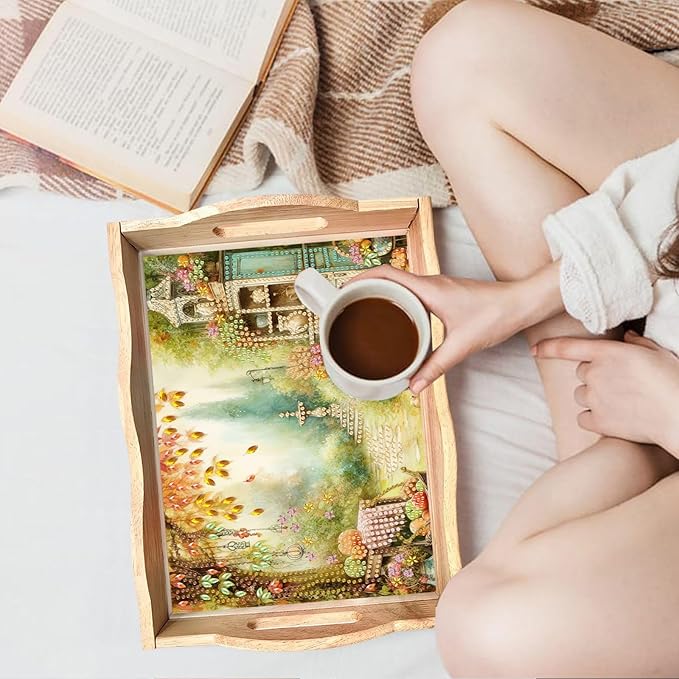 DIY Diamond Serving Tray Diamond Art Painting Creative Design Handmade Wooden Tray Dinner Plate for Coffee Breakfast Home Organizer-Autumn Garden