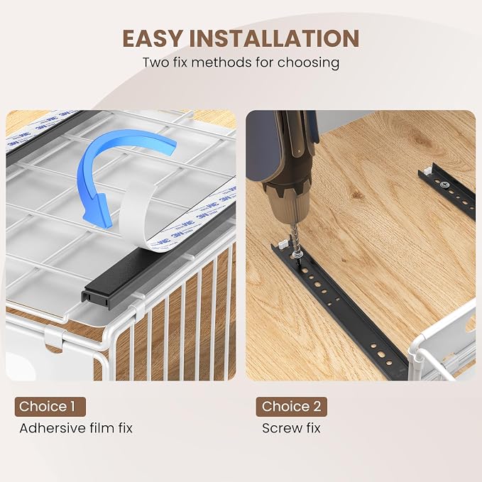 2 Pack Pull Out Cabinet Organizer, Heavy Duty Slide Out Drawer with No Drill Adhesive or Screw Mount, Carbon Steel Roll Out Shelf for Kitchen Cabinet, Pantry & Bathroom Storage