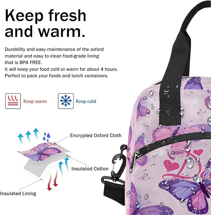 Personalized Butterfly Lunch-Bag for Women, Custom Insulated Cooler Lunch Box with Name, Leakproof-Reusable Lunch Tote Bag for Work Office Picnic - Pink Purple 2