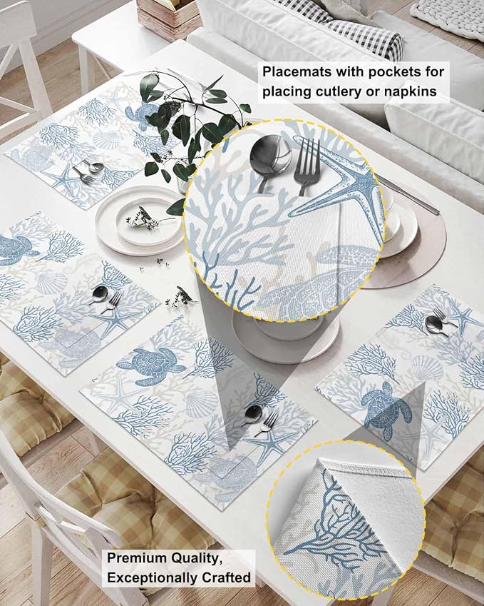 Blue Grey Coastal Placemats Set of 6, Woven Placemat Washable Wipeable Table Placemat with Pocket, Holiday Cloth Table Mat for Party Kichen Dinner Sea Turtle Nautical Coral Summer Beach